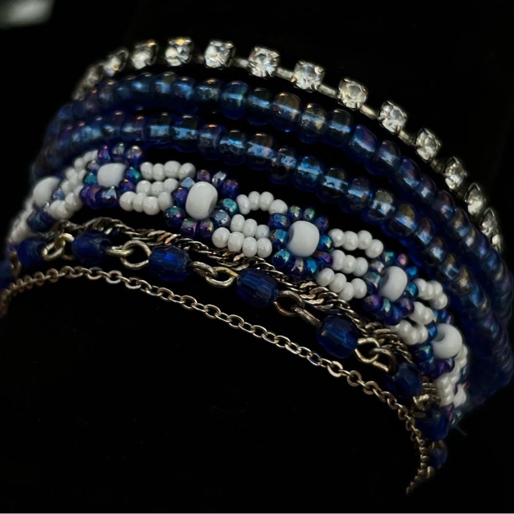Arm Party Lot Of 4 Bracelets -Blue, Silver, White, Rhinestone- 7”